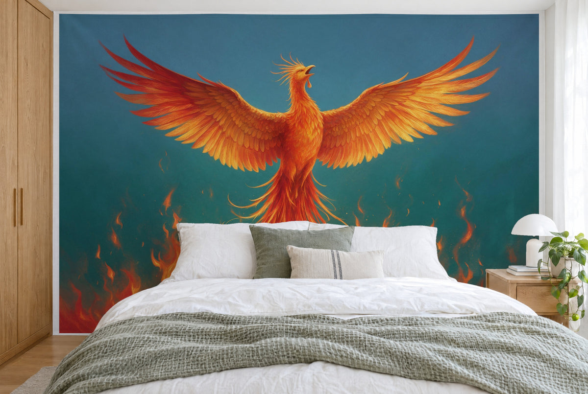 XXL printed fabric: firebird with wide wings in the centre above flames, full wall behind the bed