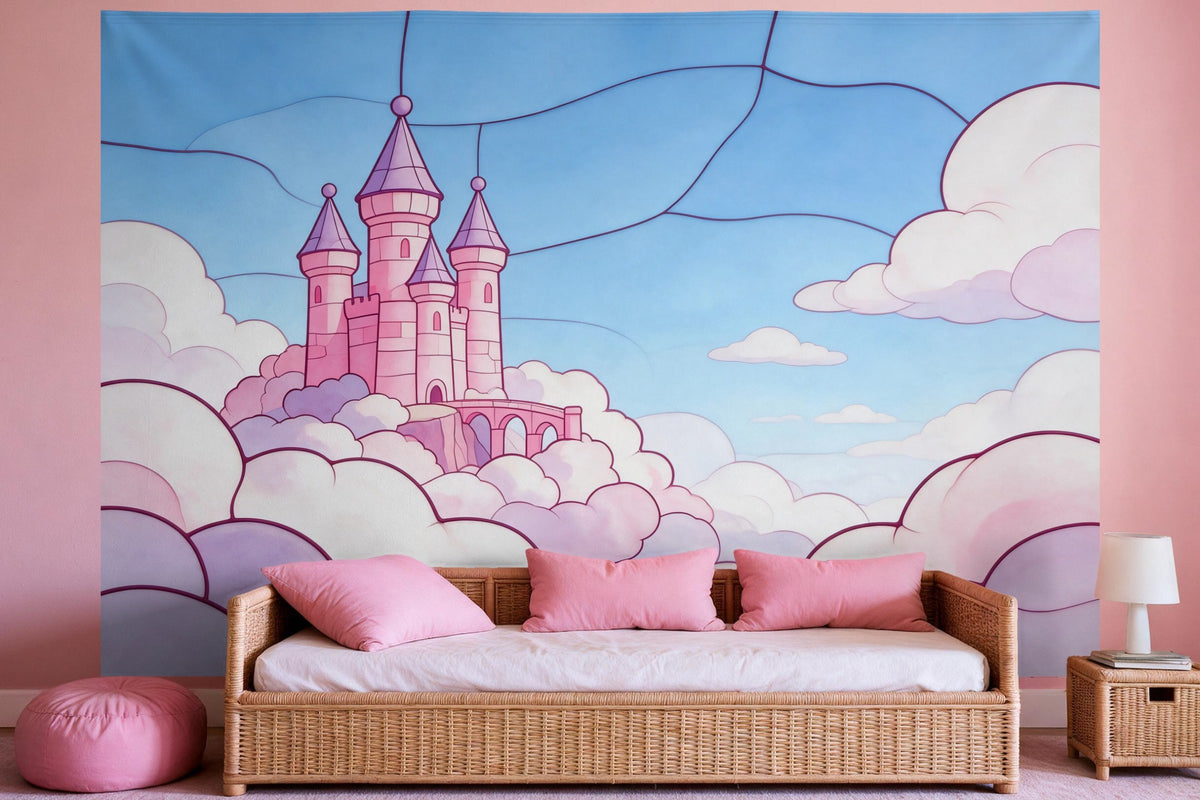 Wandtuch XXL Pinkes Wolkenschloss als Glasmalerei als Wanddeko im Mädchenzimmer