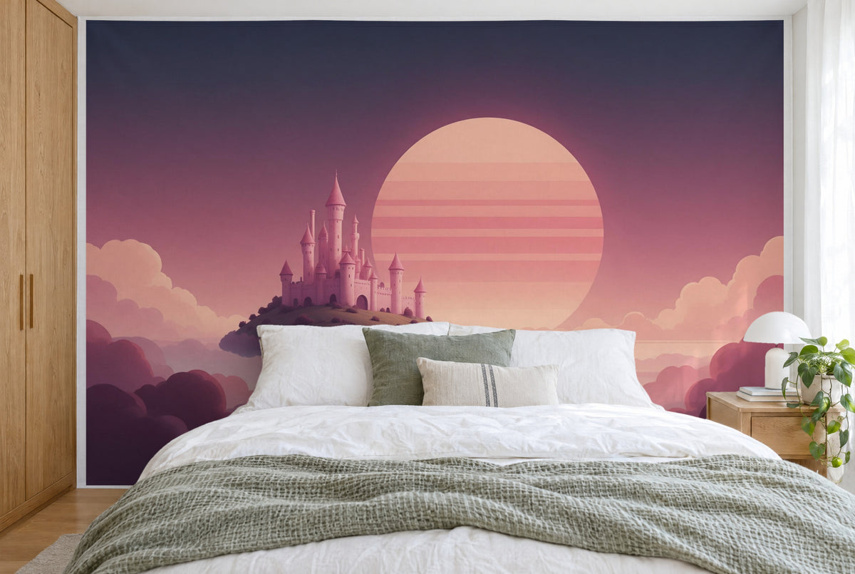 Bedruckter Stoff im XXL-Format: pinkes Schloss links vor Retro-Sonne, wandfüllend hinter dem Bett