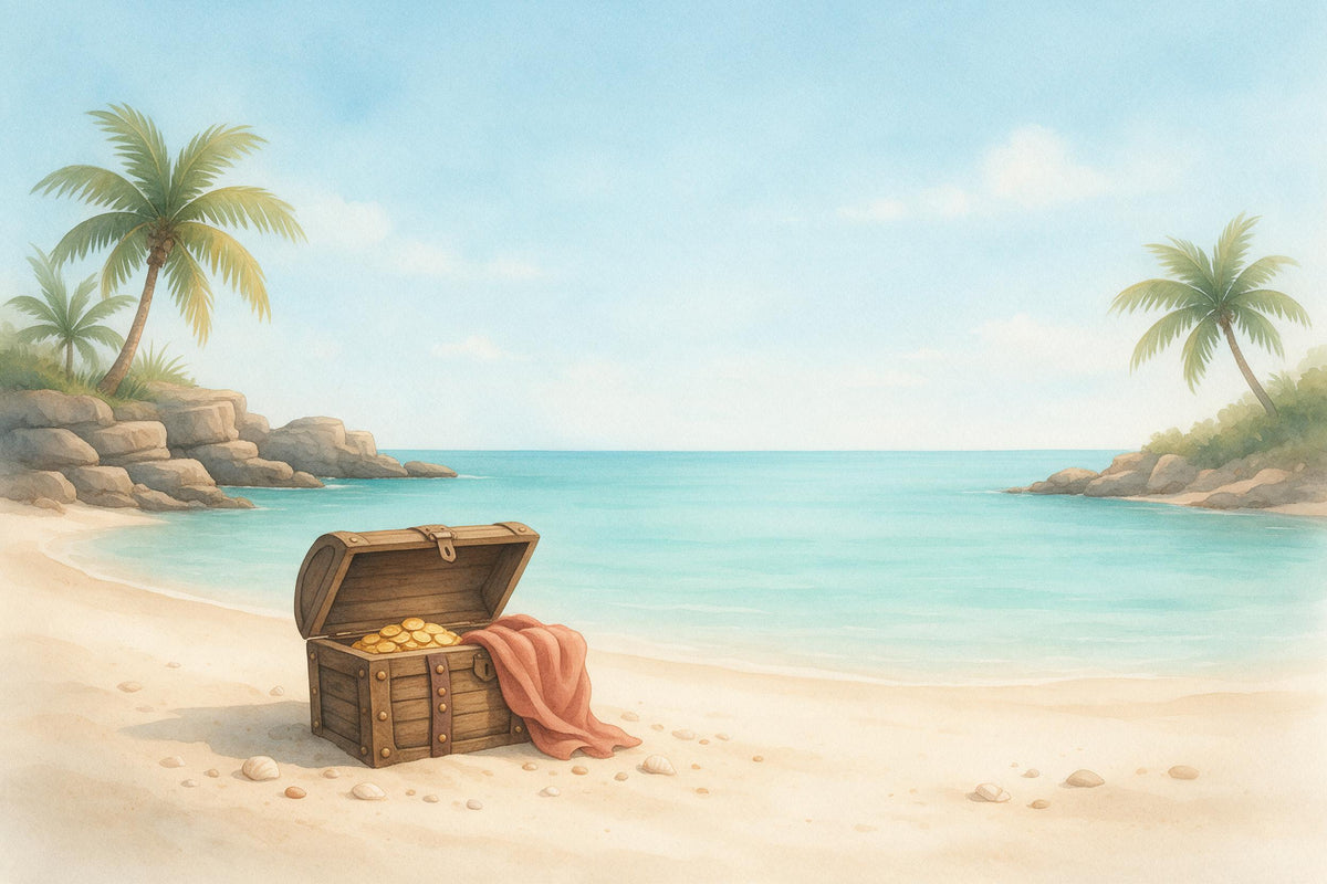 Piratenbucht mit geöffneter Schatztruhe am Strand und Palmen, als Wandtuch, auf Stoff gedruckt – Blau und Beige