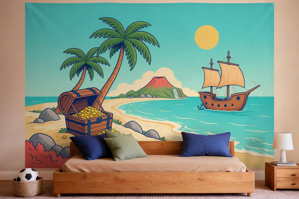Tapiz de pared XXL Isla pirata en estilo cómic como decoración en un dormitorio de niño