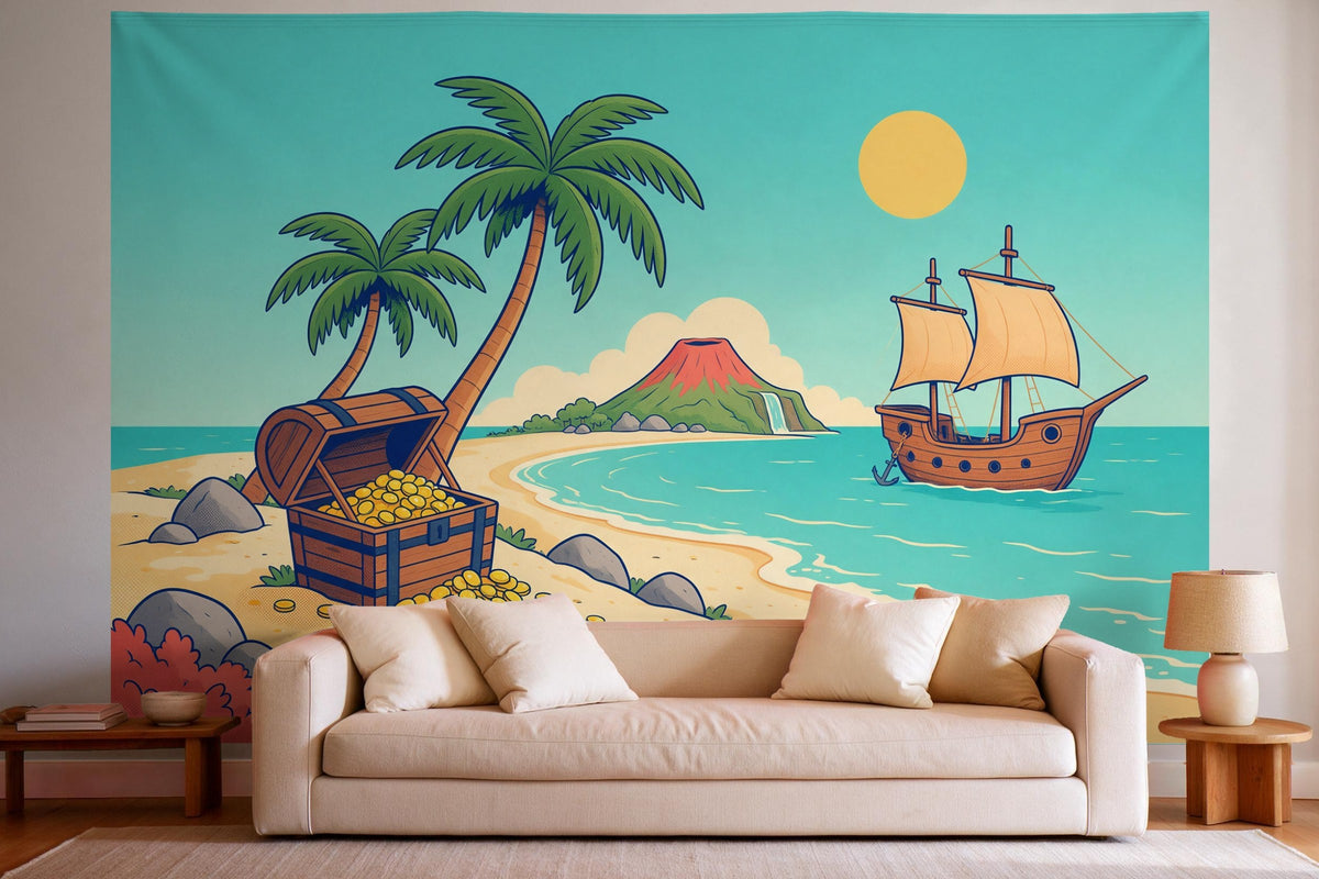 Wall decor in a bright living room above the sofa: printed fabric tapestry Pirate Island in Comic Style