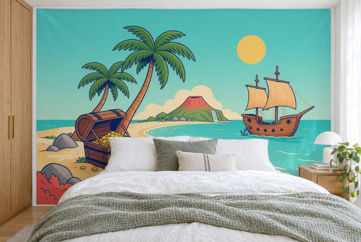 Bedruckter Stoff im XXL-Format: Schatztruhe links unter Palmen, rechts ein Piratenschiff, wandfüllend hinter dem Doppelbett