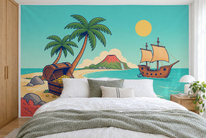 Bedruckter Stoff im XXL-Format: Schatztruhe links unter Palmen, rechts ein Piratenschiff, wandfüllend hinter dem Doppelbett