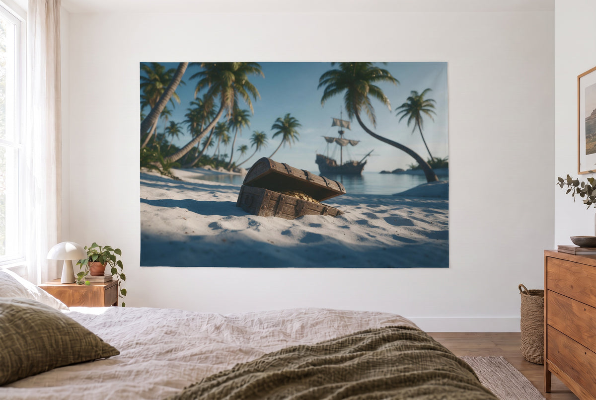 Tenture murale île des pirates en photo face au lit, commode en bois à droite – bleu et vert