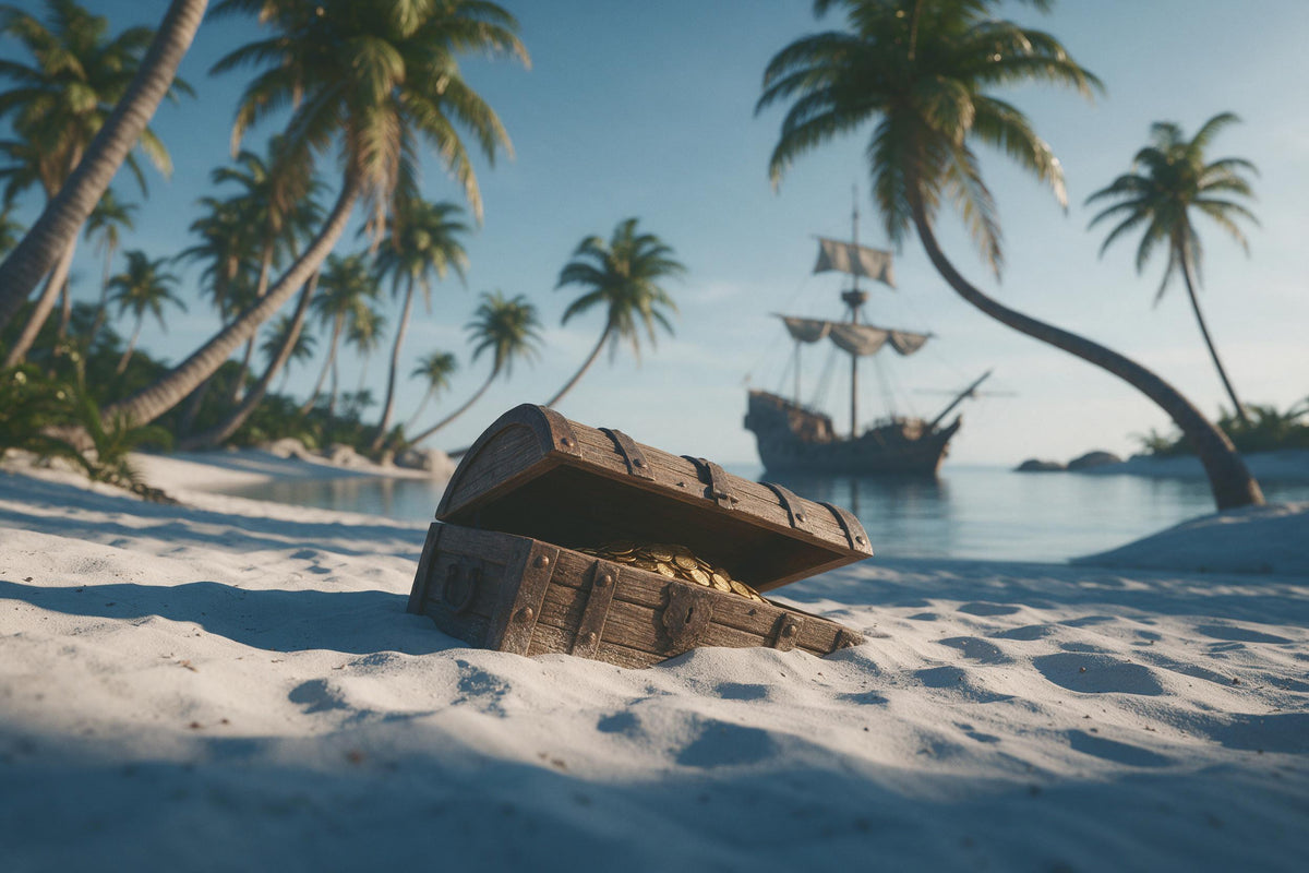 Île pirates : coffre au trésor avec or dans le sable, palmiers et voilier, tenture murale imprimée sur tissu – bleu et vert