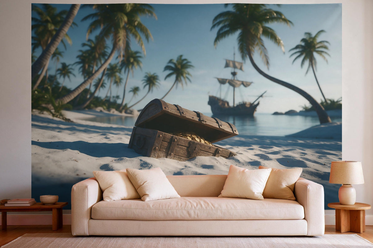 Decoración de pared en un salón luminoso sobre el sofá: tapiz de tela Isla pirata en foto