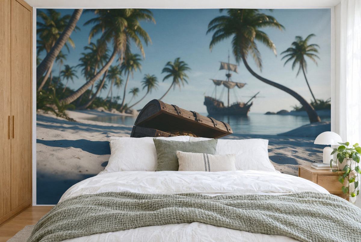 Tissu imprimé XXL : coffre au trésor avec or sur la plage, palmiers et voilier, mur entier derrière le lit