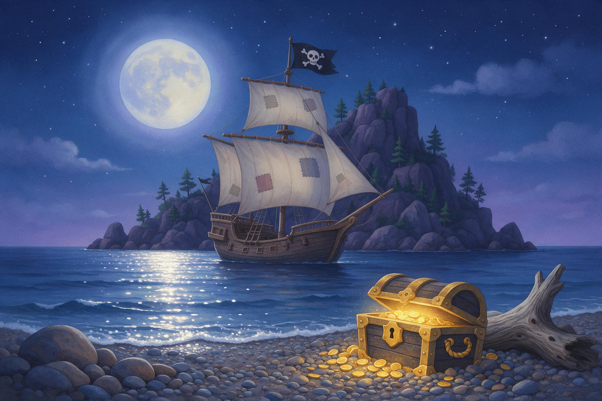 Piratenschiff mit Totenkopf-Flagge vor der Felseninsel, vorne eine Schatzkiste, als Wandtuch, auf Stoff gedruckt – Nachtblau