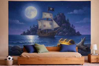 Wandtuch XXL Piratenschiff unter dem Vollmond als Wanddeko im Jungen-Kinderzimmer
