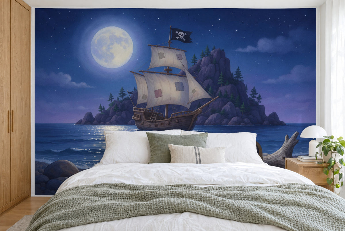 Grosses Wandtuch Piratenschiff unter dem Vollmond im Schlafzimmer wandfüllend hinter dem Bett – Wandbehang aus Stoff