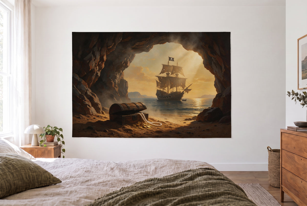 Wandtuch Piratenversteck in der Felshöhle im hellen Schlafzimmer gegenüber dem Bett, rechts eine Holzkommode – Bernstein