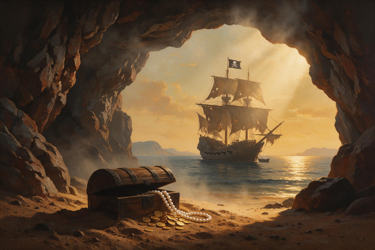 Piratenschiff mit Totenkopf-Flagge im Felsbogen, vorne eine offene Schatzkiste, als Wandtuch, auf Stoff gedruckt – Braun