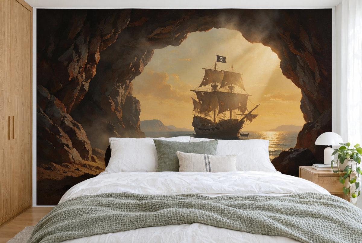 Grosses Wandtuch Piratenversteck in der Felshöhle im Schlafzimmer wandfüllend hinter dem Bett – Wandbehang aus Stoff