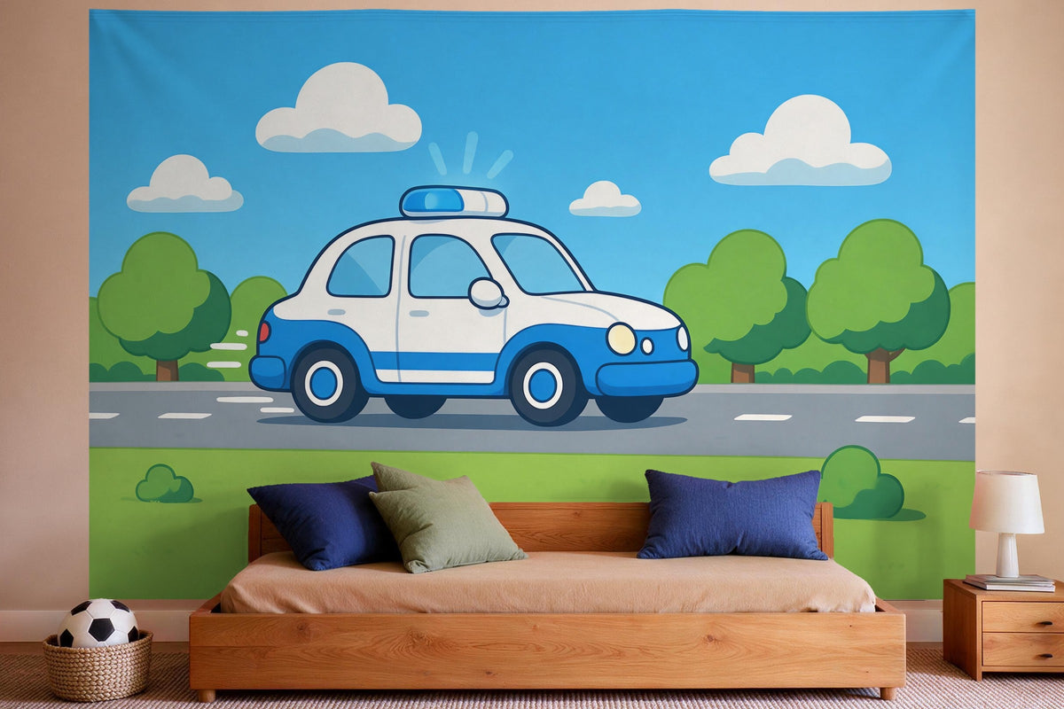 Wandtuch XXL Polizeiauto mit Blaulicht als Wanddeko im Jungen-Kinderzimmer