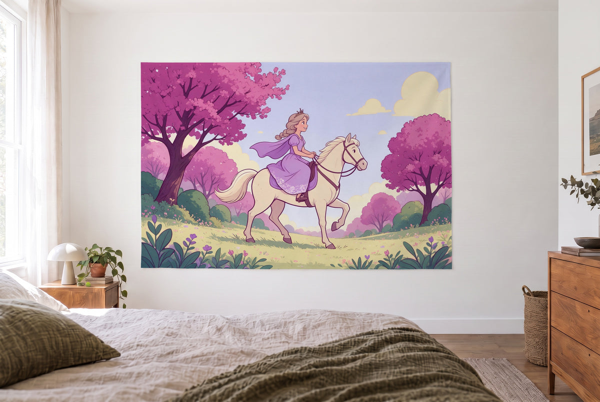 Tapiz princesa a caballo en bosque de cuento frente a la cama, cómoda de madera a la derecha – rosa y violeta