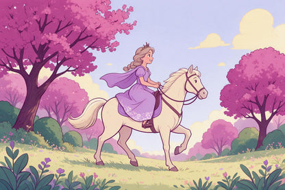 Princesa con corona en caballo crema ante árboles de flores magenta, tapiz impreso en tela – rosa y verde