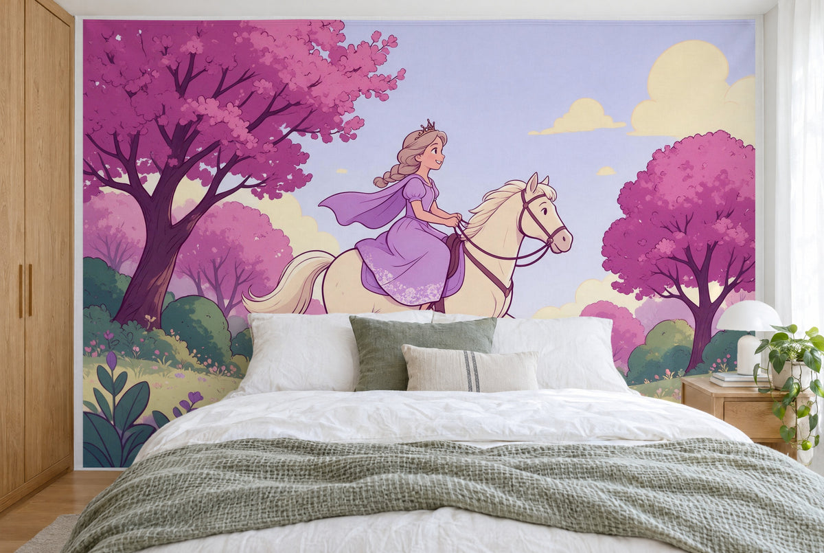 Tela impresa XXL: princesa con vestido lavanda en caballo crema a la izquierda, llenando la pared tras la cama