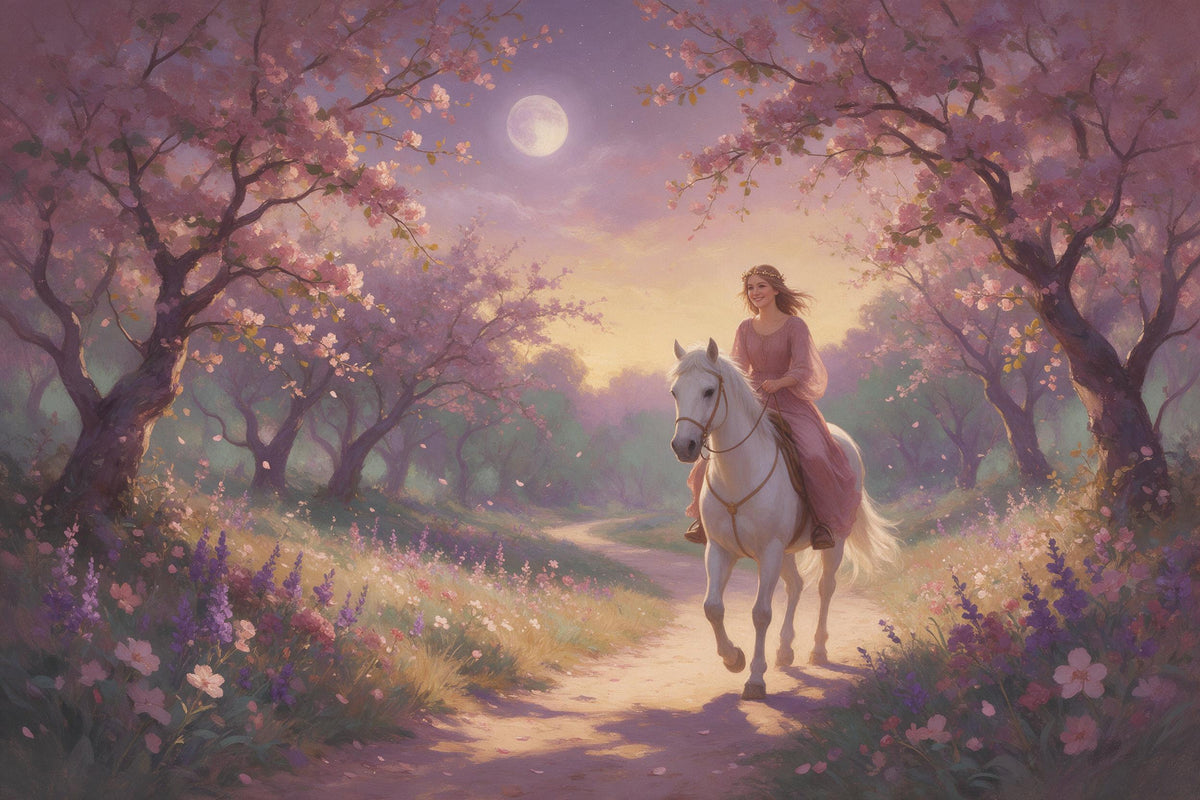 Prinzessin auf weissem Pferd unterm Blütentorbogen im Abendlicht, als Wandtuch, auf Stoff gedruckt – Rosa und Violett
