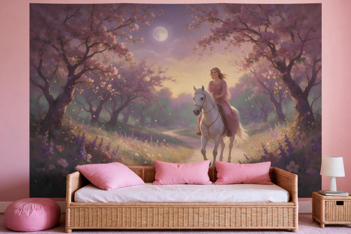 Tapiz de pared XXL Princesa a caballo en óleo de cuento como decoración en un dormitorio de niña