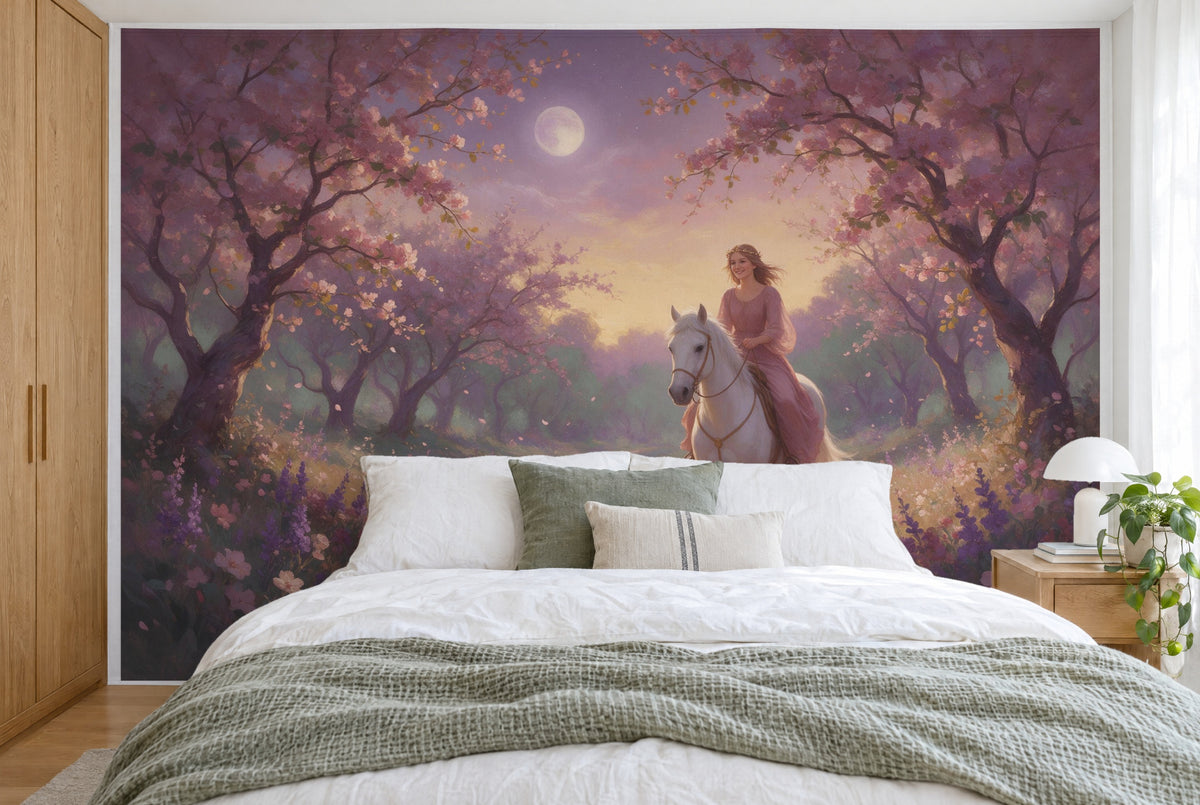 Bedruckter Stoff im XXL-Format: Prinzessin und weisses Pferd unter rosa Blütenbogen, wandfüllend hinter dem Bett