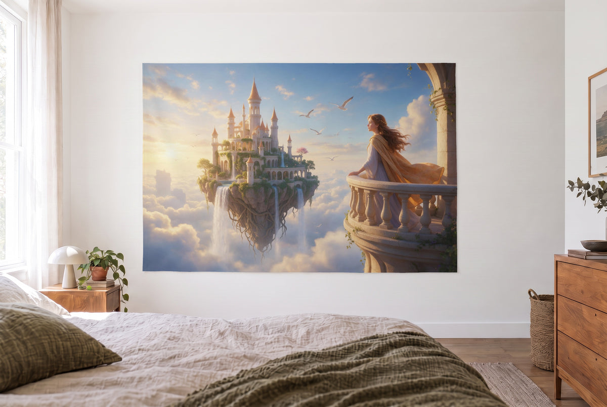 Tenture princesse au château flottant, chambre claire face au lit, commode en bois à droite – rose