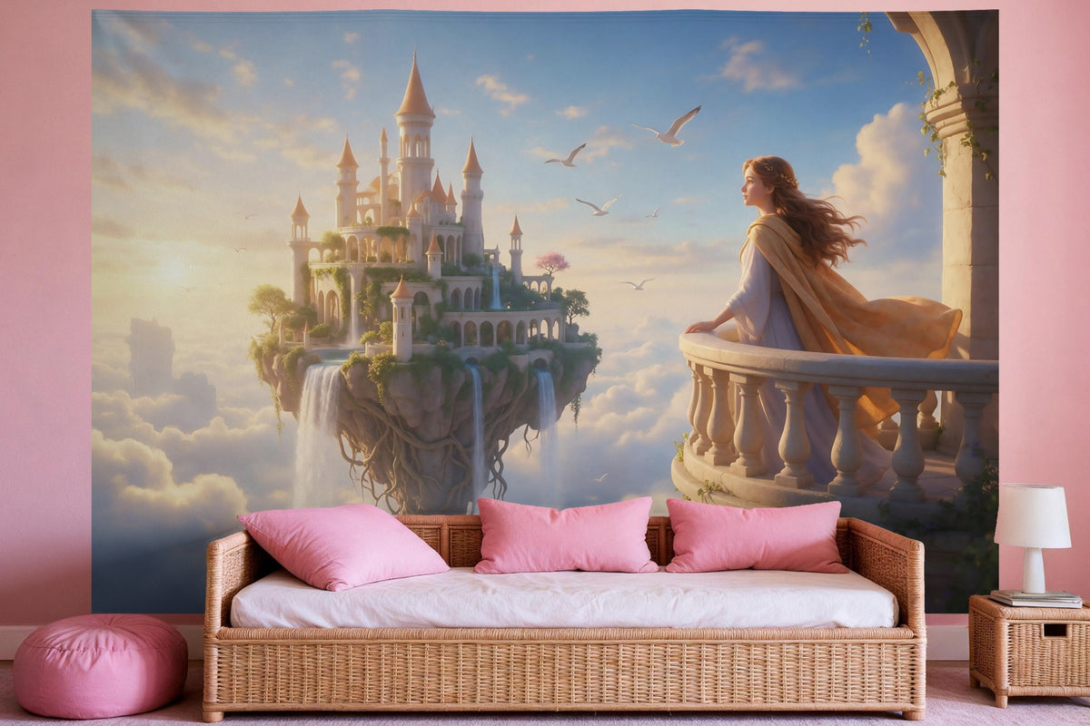 Wandtuch XXL Prinzessin auf dem schwebenden Schloss als Wanddeko im Mädchenzimmer