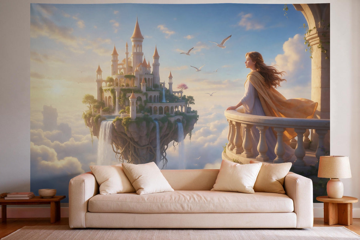 Wanddeko im hellen Wohnzimmer über dem Sofa: Wandtuch Prinzessin auf dem schwebenden Schloss, auf Stoff gedruckt