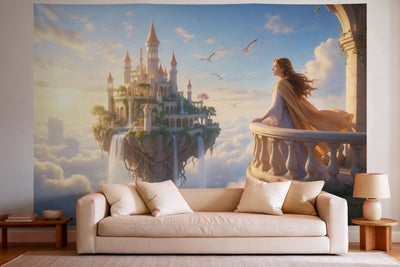 Wanddeko im hellen Wohnzimmer über dem Sofa: Wandtuch Prinzessin auf dem schwebenden Schloss, auf Stoff gedruckt