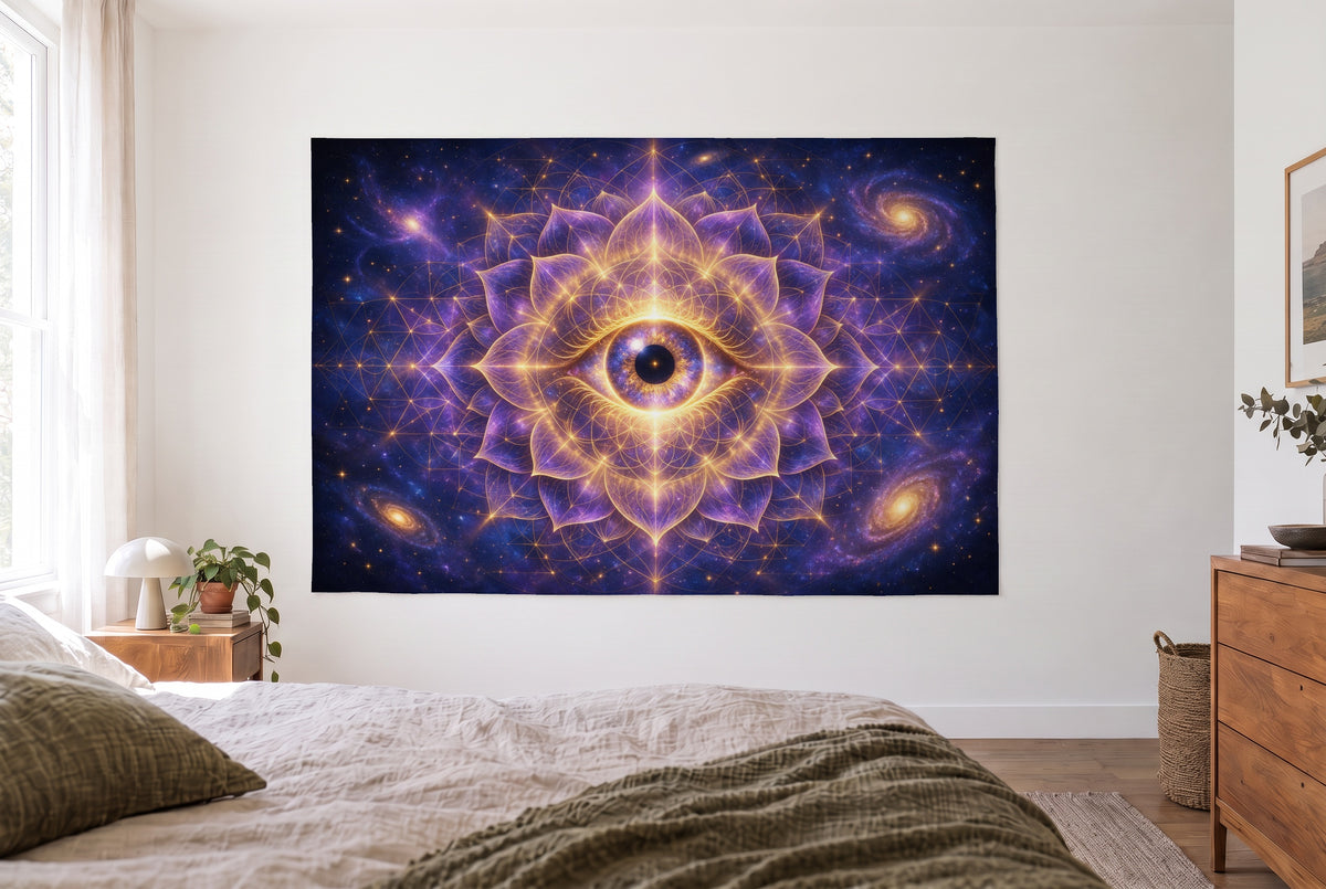 Wandtuch Psychedelic-Auge im Kosmos im hellen Schlafzimmer gegenüber dem Bett, rechts eine Holzkommode – Gold und Violett