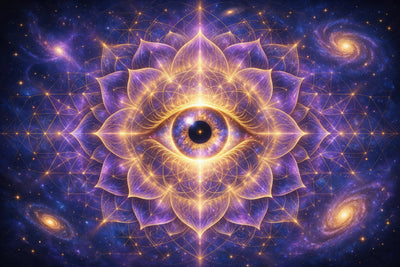 Psychedelic-Auge mittig in goldener Lotusblüte zwischen Galaxien, als Wandtuch, auf Stoff gedruckt – Gold und Violett