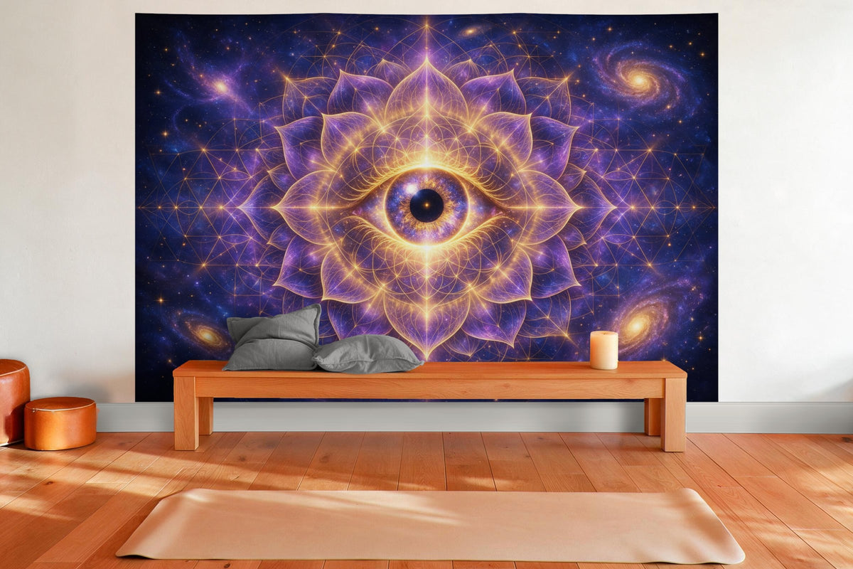 XXL wall tapestry Psychedelic Eye in the Cosmos as wall decor in a yoga room