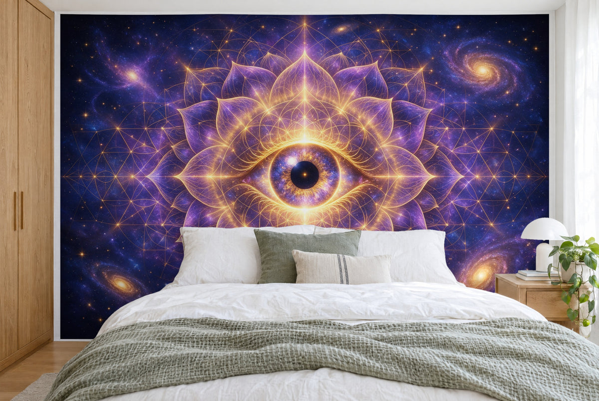 Large wall hanging Psychedelic Eye in the Cosmos in the bedroom, wall-filling behind the bed – printed tapestry