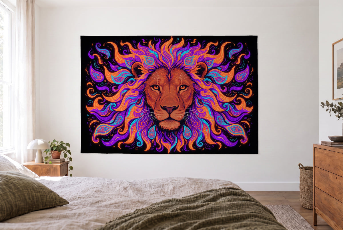 Psychedelic Neon Lion tapestry in a bright bedroom opposite the bed, a wooden dresser on the right – orange and violet