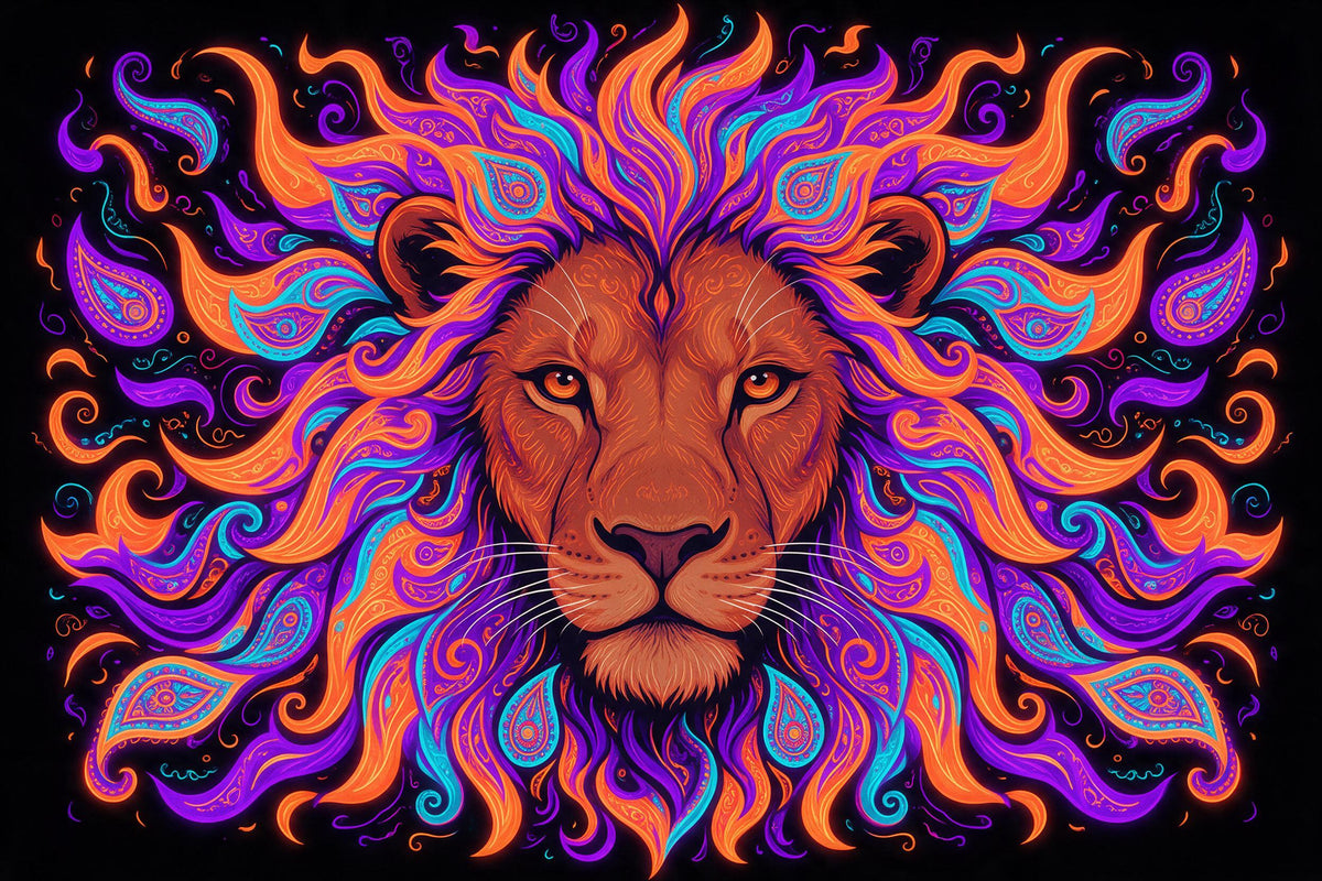 Psychedelischer Löwenkopf mit Mähne aus Flammen und Paisley-Wirbeln, als Wandtuch, auf Stoff gedruckt – Orange und Violett