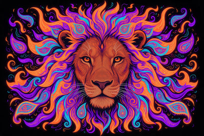 Psychedelic lion head with a mane of flames and paisley swirls, as a tapestry printed on fabric – orange and violet