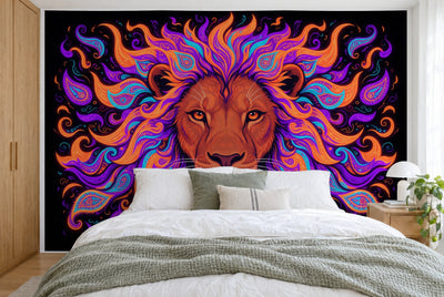 Large wall hanging Psychedelic Neon Lion in the bedroom, wall-filling behind the bed – printed tapestry