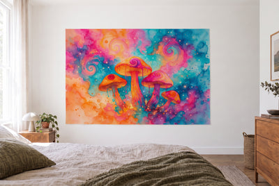 Psychedelic Mushrooms in Watercolor tapestry in a bright bedroom opposite the bed, wooden dresser at right – magenta