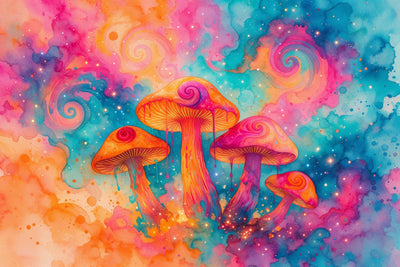 Psychedelic mushrooms with spiral caps in colorful watercolor clouds, tapestry printed on fabric – orange and turquoise