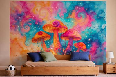 Wanddeko im Jungen-Kinderzimmer: Wandtuch Psychedelische Pilze in Aquarell, auf Stoff gedruckt