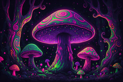 Psychedelic-Pilze mit Neonwirbeln zwischen zwei bunten Wirbelbäumen, als Wandtuch, auf Stoff gedruckt – Pink und Grün