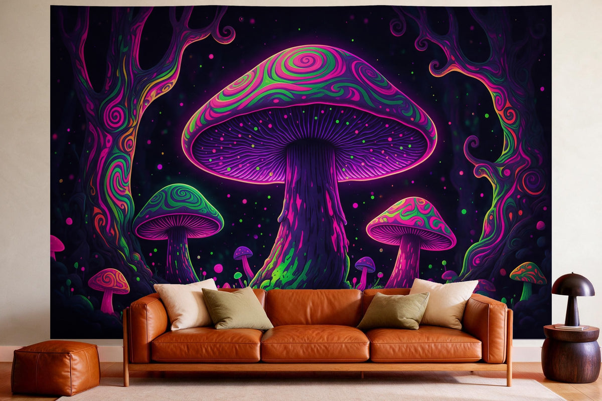 XXL wall tapestry Psychedelic Mushrooms in a Neon Forest as wall decor in a cosy living room above the leather sofa