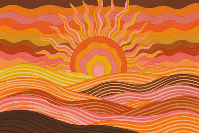 Soleil psychédélique aux rayons ondulés sur collines rayées, tenture murale imprimée sur tissu – orange, rose et marron