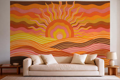 Tapiz de pared XXL Sol psicodélico sobre colinas onduladas como decoración en un salón luminoso sobre el sofá