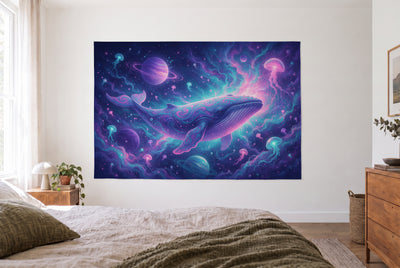 Psychedelic Whale in Space tapestry in a bright bedroom opposite the bed, wooden dresser at right – turquoise and violet