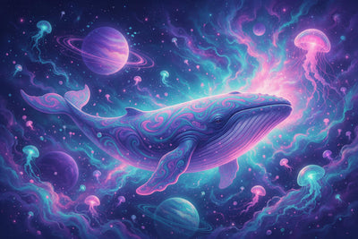 Psychedelic whale with swirls among jellyfish, planets and nebulae, as a tapestry printed on fabric – turquoise and pink