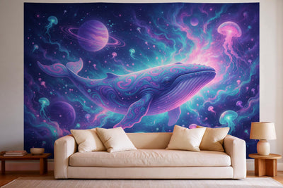 Wall decor in a bright living room above the sofa: printed fabric tapestry Psychedelic Whale in Space