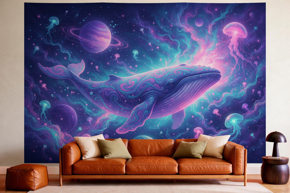 Wandtuch XXL Psychedelic-Wal im Kosmos als Wanddeko im gemütlichen Wohnzimmer über dem Ledersofa