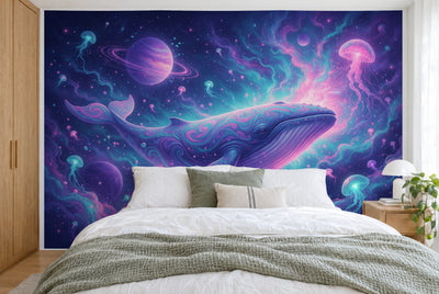 Large wall hanging Psychedelic Whale in Space in the bedroom, wall-filling behind the bed – printed tapestry