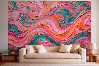 Tapiz de pared XXL Olas psicodélicas al óleo como decoración en un salón luminoso sobre el sofá